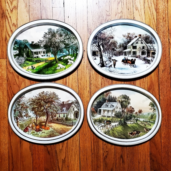 Set Of 4 Vintage Currier And Ives 1868 Oval Tin Metal Trays - Picture 1 of 14